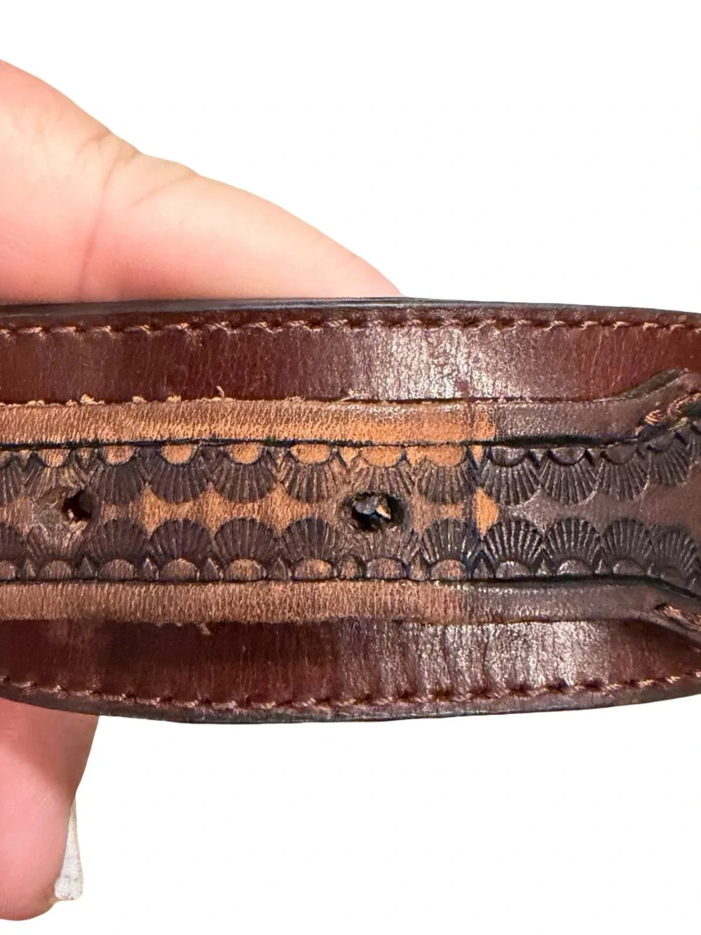 Men's Brown Leather Western Belt with Ornate Two-Tone Buckle